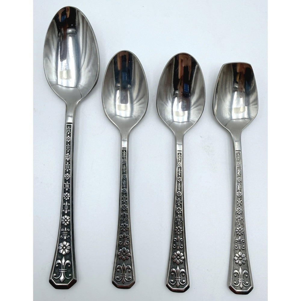 4 Vintage Interpur Florenz Fleur de Lis Asst. Spoons Korea Stainless Mid Century